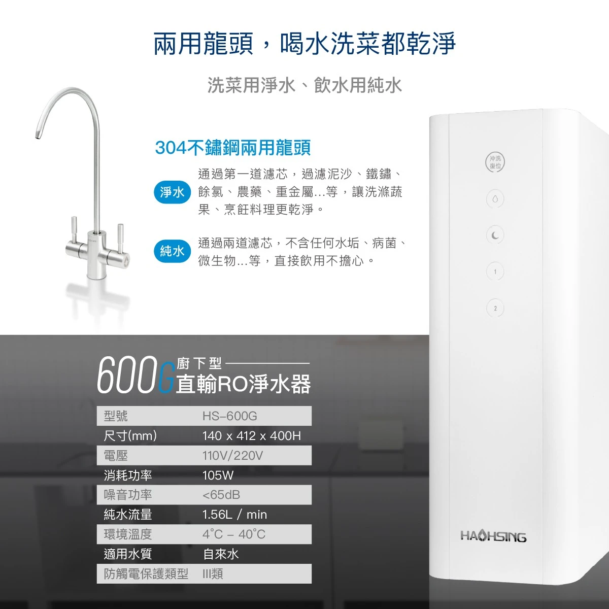 【HAOHSING 豪星】600G 廚下型直輸 RO 淨水器